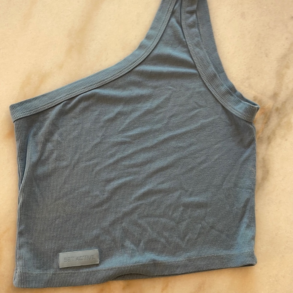 SET Active Asymmetrical Blue Crop Top